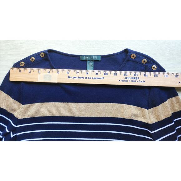 SWEATER/KNIT-LAUREN-RALPH LAUREN-Navy Blue White Strip-Gold Metallic-Size LRG - Picture 8 of 13